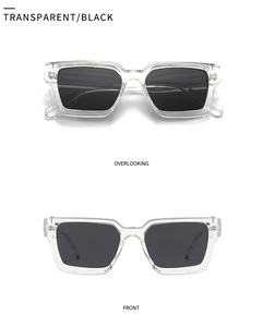 Detailed top and front view of square polarized sunglasses with clear acetate frames