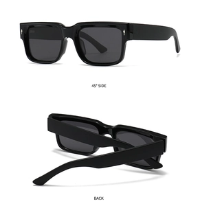 Detailed 45-degree side and back view of classic square polarized black sunglasses