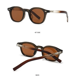 Detail view showing 45-degree side and back of polarized round frame sunglasses