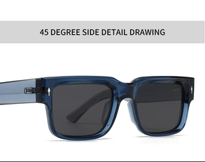 Detailed 45-degree side view of blue translucent square sunglasses with metal rivets
