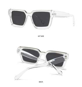 Detail view of transparent square polarized sunglasses from 45-degree and back angles