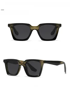 Front and 45-degree side view of vintage square polarized sunglasses in dark green