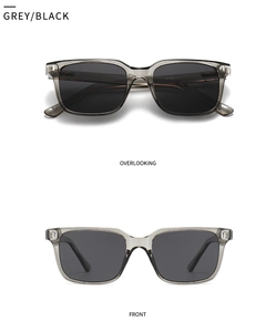 Detailed top and front view of square translucent grey polarized sunglasses with black lenses