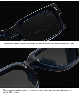 Detail of square sunglasses frame with metallic hinges and integrated silicone nose pads