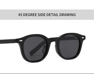 45-degree side view of classic black round polarized sunglasses with silver metal rivets