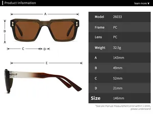Detailed size chart for polarized square sunglasses with frame and lens measurements