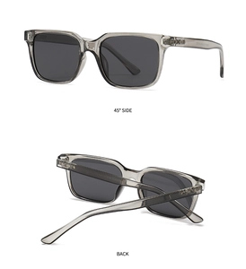 Detail view showing the 45-degree side and back of translucent gray square sunglasses