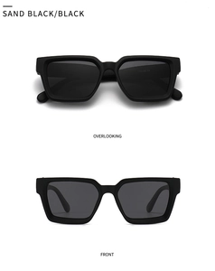 Front and top view of matte sand black square polarized sunglasses with dark lenses