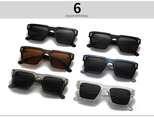Polarized square sunglasses detail showing six color options with golden metal rivets