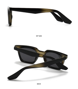 Detail view of rectangular polarized sunglasses with thick dark frames from back and side angles