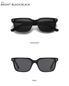 Front and top view of square black polarized sunglasses with silver rivet detail