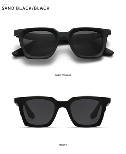 Front and top view of modern sand black square polarized sunglasses with dark lenses
