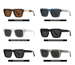 Collection of polarized square sunglasses in multiple frame colors with gold metal accents