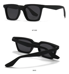 Detailed 45-degree side and back views of square black polarized sunglasses frame