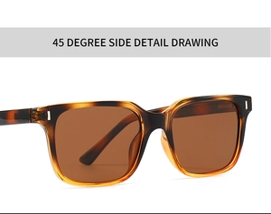 Detail view of tortoiseshell square sunglasses with silver rivets and brown lenses