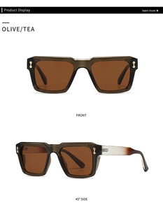 Detailed front and 45-degree side view of olive square polarized sunglasses with tea lenses