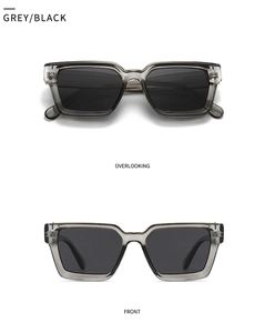 Detailed front and top view of rectangular grey sunglasses with black polarized lenses