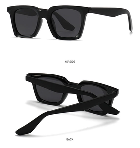 Detailed views of black square polarized sunglasses from side and back angles