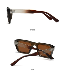 Detail view of rectangular sunglasses showing gradient frame and 90-degree side profile