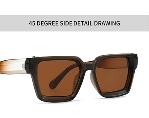 Detail view of square brown translucent sunglasses frame with size codes on the temple
