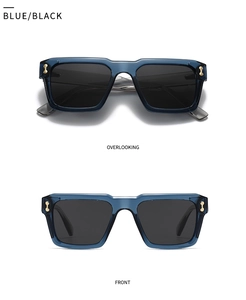 Detail of blue transparent square sunglasses with golden metal hinges and polarized lenses