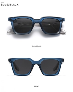 Front and top view of modern square polarized sunglasses with dark blue frames