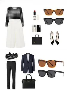 Flat lay of polarized sunglasses styled with luxury fashion outfits and accessories