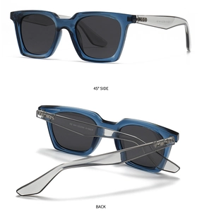 Detail view of blue translucent polarized sunglasses showing frame model and temple size