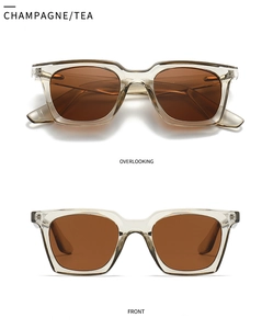 Front and top view of champagne polarized square sunglasses with dark brown lenses