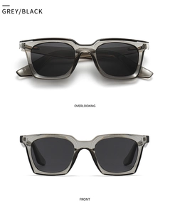 Front and top view of modern polarized square sunglasses with transparent grey frames