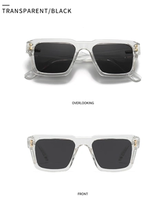 Front and top view of transparent square frame sunglasses with polarized black lenses