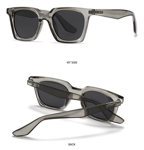 Detailed 45-degree and back view of grey transparent square polarized sunglasses