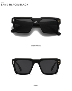 Front and top view of sand black square sunglasses with gold metal T-accents and polarized lenses