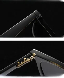 Detailed macro shot of reinforced gold metal hinges on black square polarized sunglasses