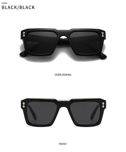 Detail view of black square polarized sunglasses with decorative gold metal rivets