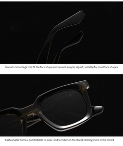 Detailed view of glossy black square sunglasses frame and ergonomic temple design