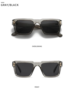 Front and top view of gray polarized sunglasses with black lenses and gold metal accents