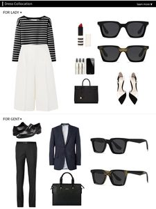 Flat lay of polarized square sunglasses paired with stylish men and women fashion outfits