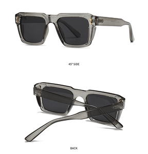 Detail view of rectangular polarized sunglasses with translucent grey frame and metal hinges
