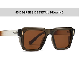 45-degree side view of square polarized sunglasses in olive green with gold rivets