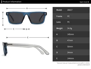 Detailed size specifications and measurements chart for square polarized sunglasses