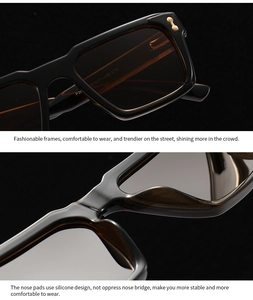 Detail of polarized sunglasses with amber frame, brown lenses and golden metal accents