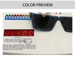 Detail of UV400 protection test for blue square polarized sunglasses on a tester