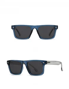 Front and 45-degree side view of blue square polarized sunglasses with metal hinge