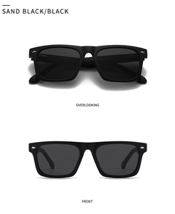 Detailed front and top view of classic matte sand black polarized rectangular sunglasses