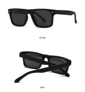 Detailed views showing the 45-degree side and back fold of matte black square sunglasses