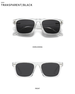 Polarized sunglasses with transparent square frame and black lenses in top and front views