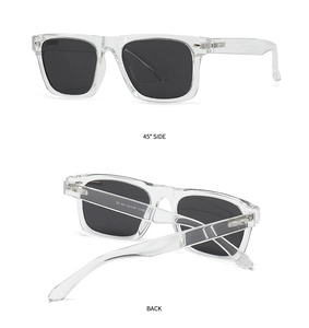Detail view of transparent square polarized sunglasses showing 45-degree side and back folding