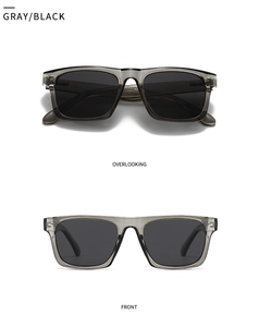 Gray square polarized sunglasses with black lenses shown from front and top views