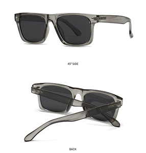 Detail view showing 45-degree side and back fold of transparent grey polarized sunglasses